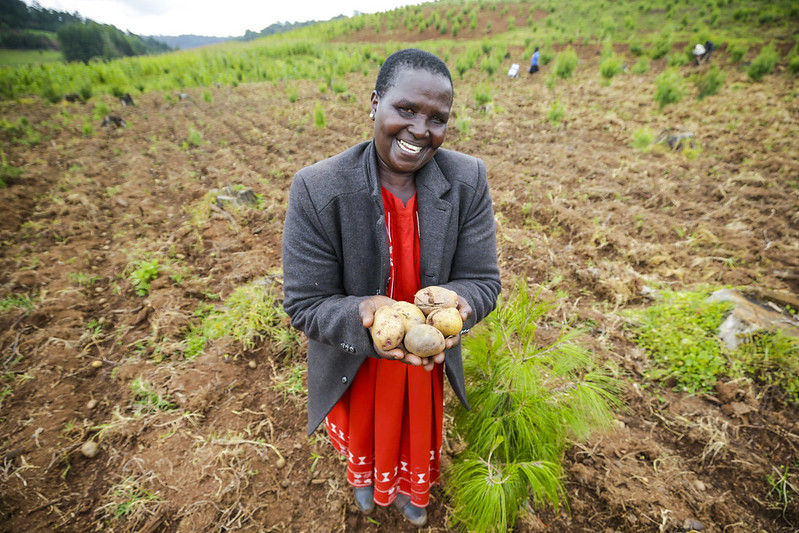 Tecla Shumba proudly showing off her potatoes (UN-REDD Programme)