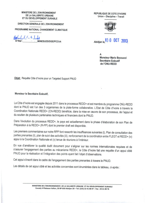 Targeted Support Cote dIvoire 2nd request Oct 2013 Official letter ...