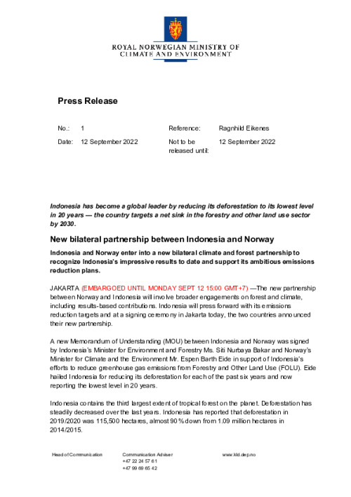 Press Release-New bilateral partnership between Indonesia and Norway ...