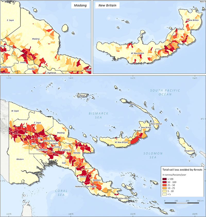 Maps illustrating the spatial distribution of non-carbon benefits, such as soil erosion control, can be useful decision-support tools to help identify priority areas for REDD+ actions that deliver additional social and environmental benefits.