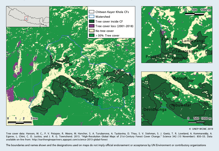Chitwan Kayar Khola watershed in Nepal. The image shows the effectiveness of CF groups in resisting deforestation pressures.