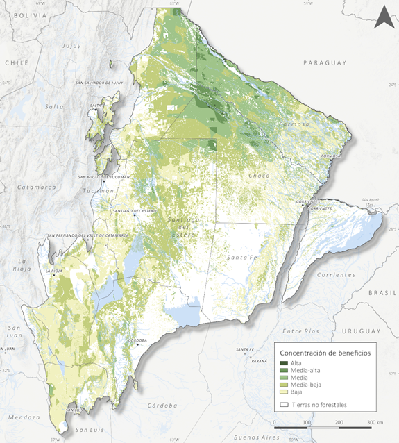 Forests areas of overall high importance for the provision of social and environmental benefits in Argentinaâs Chaco forest region.