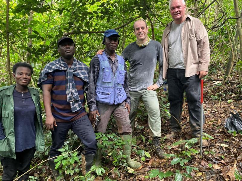 Photo Credit: FAO/ Asdúbal Calderón Caption: From left to right, Lizzie Bekoe; Samuel Ayesu, Forestry Commission in Kumasi; Prof. Stephen Adu-Bredu, FORIG; Javier García Pérez, National Forest Inventory Analyst for FAO; and Asdrúbal Calderón, FAO's consultant for Ghana’s National Forest Inventory (NFI) design, in  Apedwa Forest Reserve, Ghana.